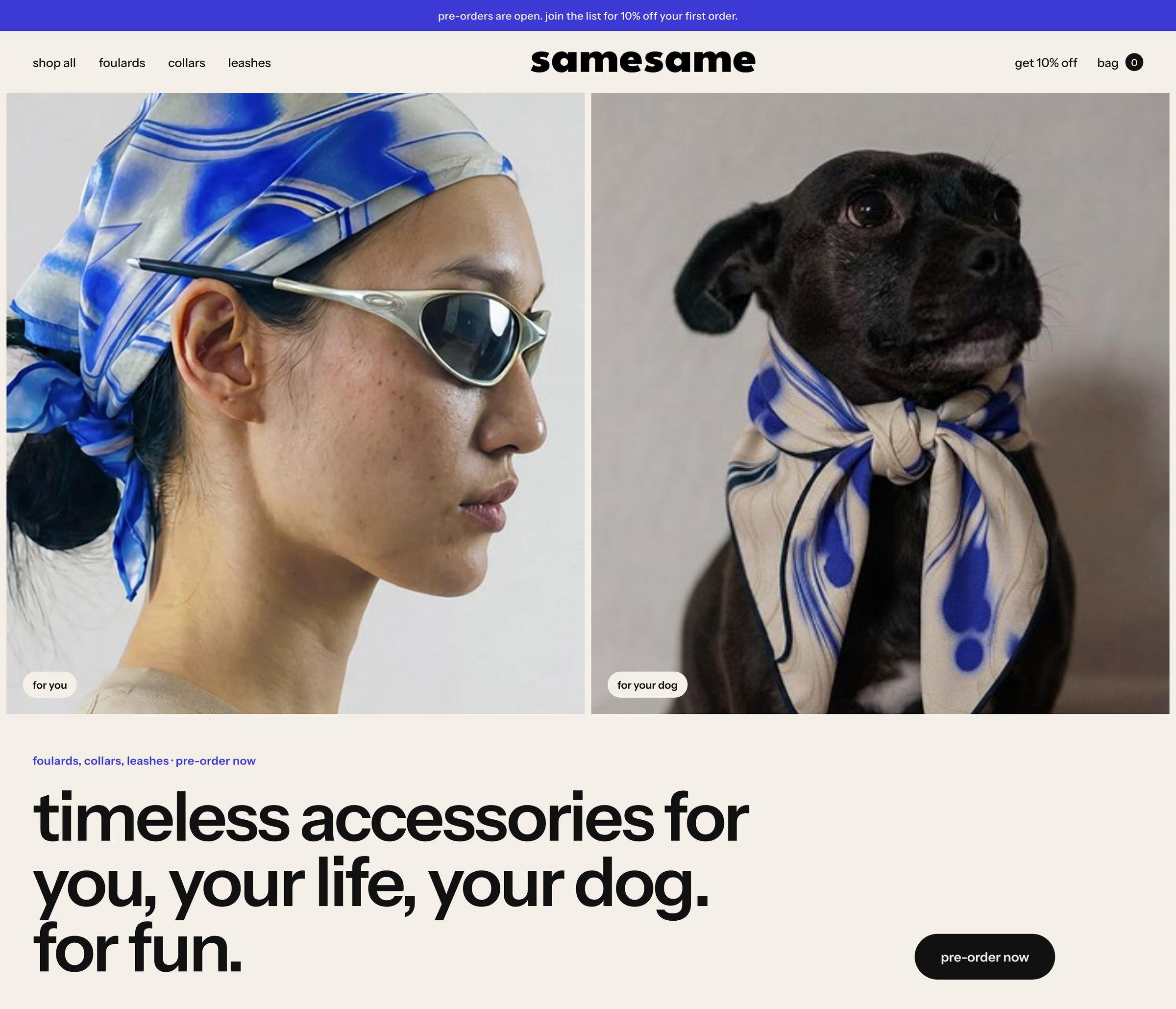 samesame homepage with the blue print worn by a woman and a dog