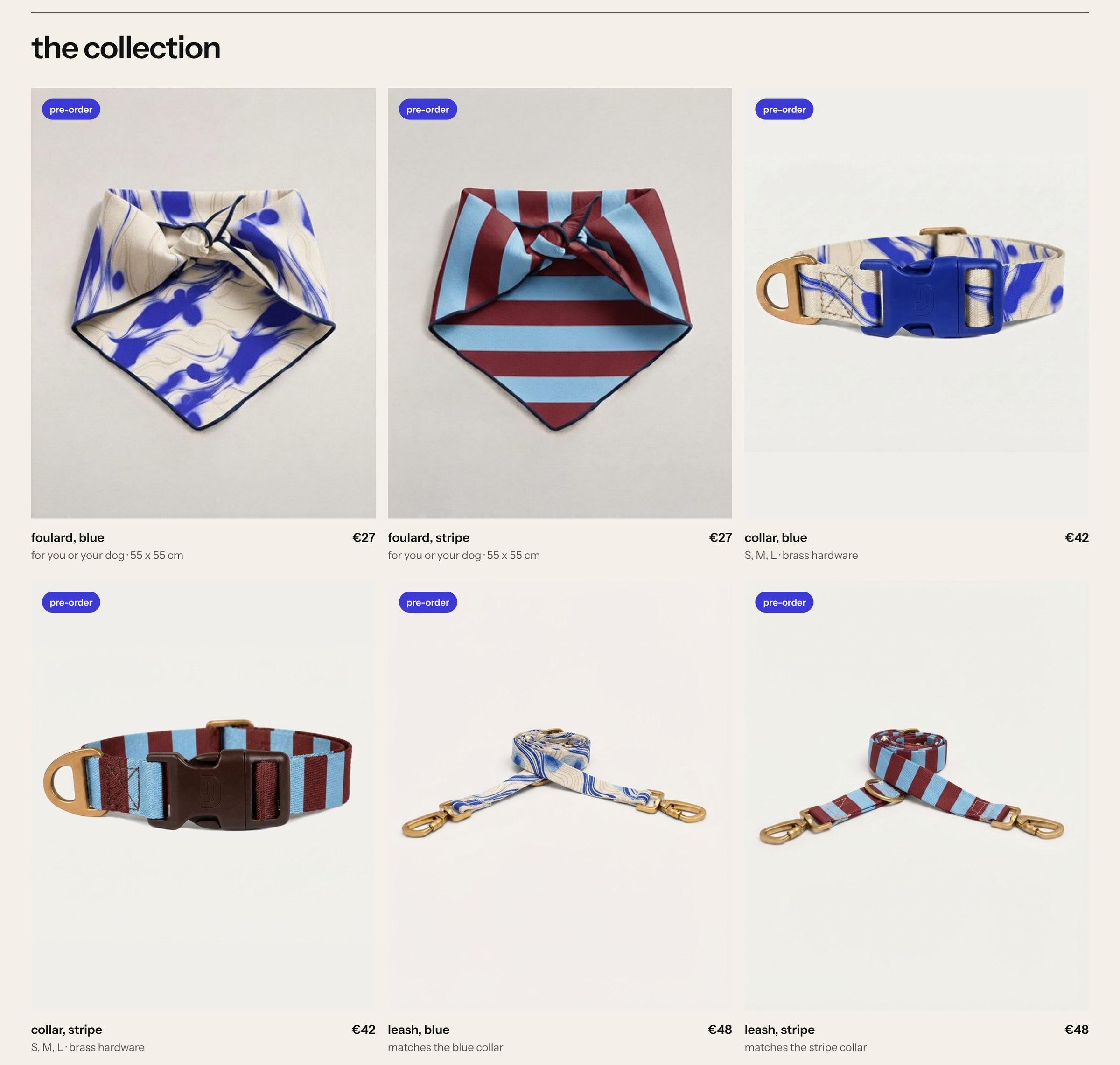 Product grid with foulards, collars and leashes in both prints