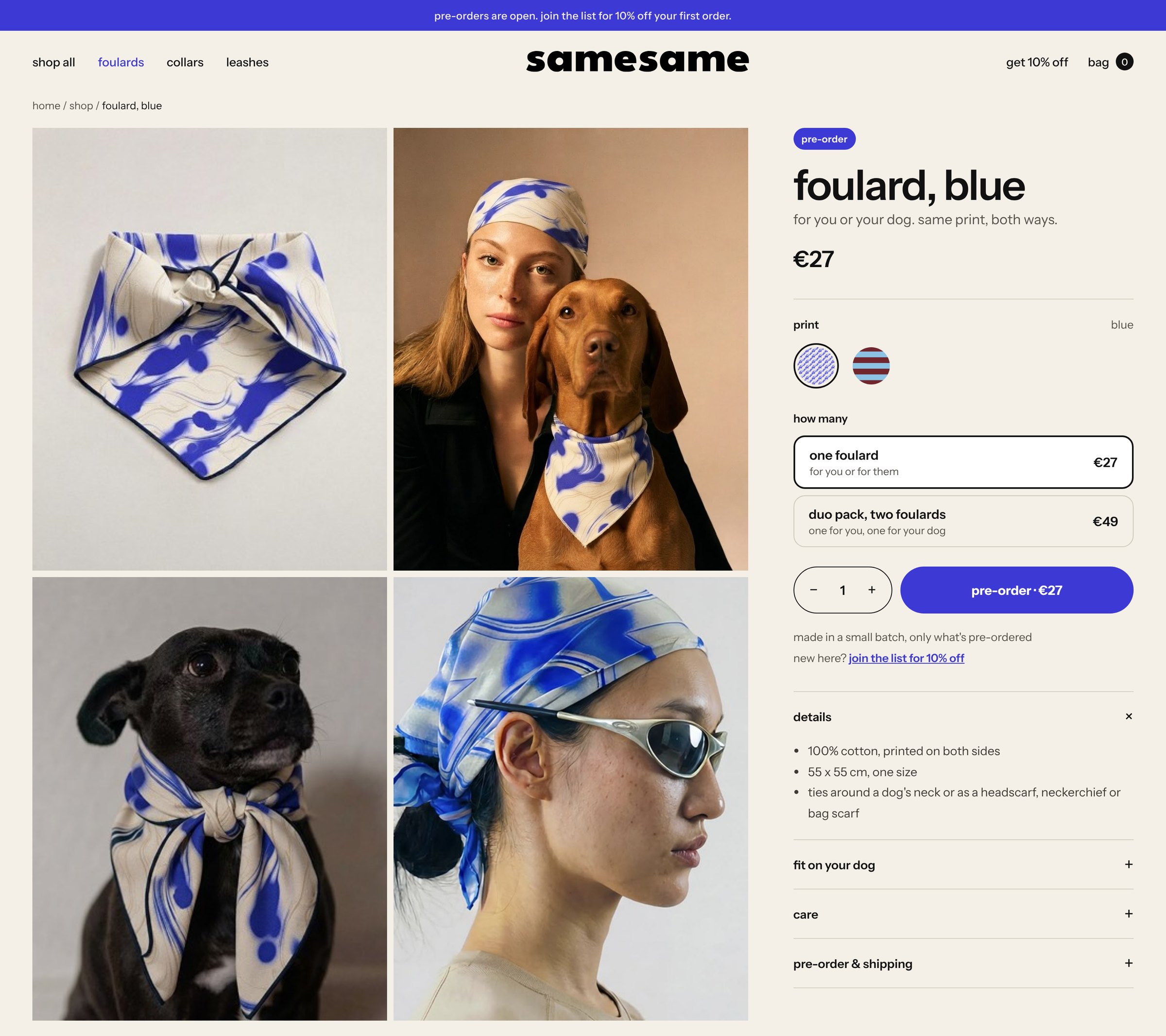Product page for the blue foulard with print picker and duo pack option