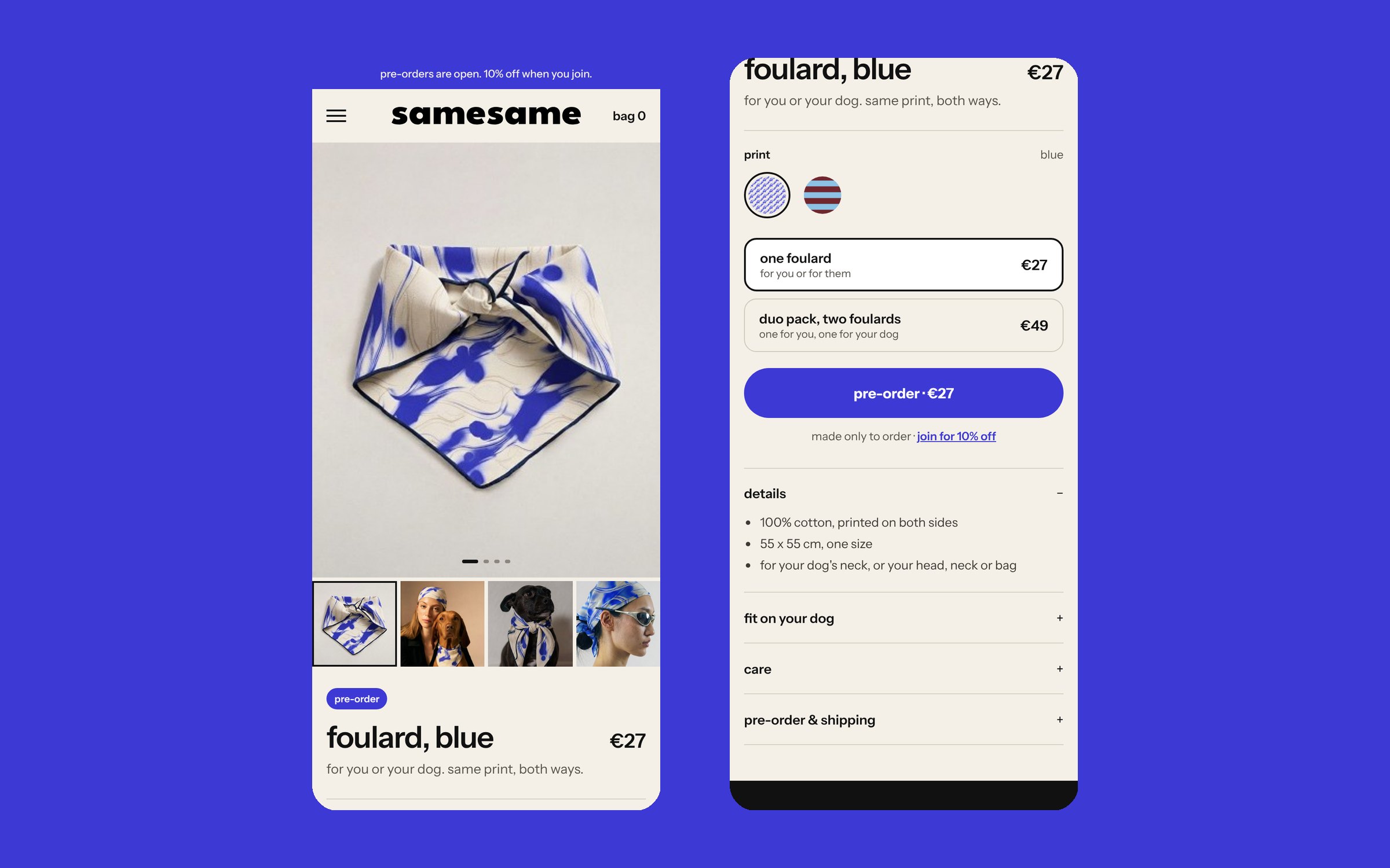 The foulard product page on mobile