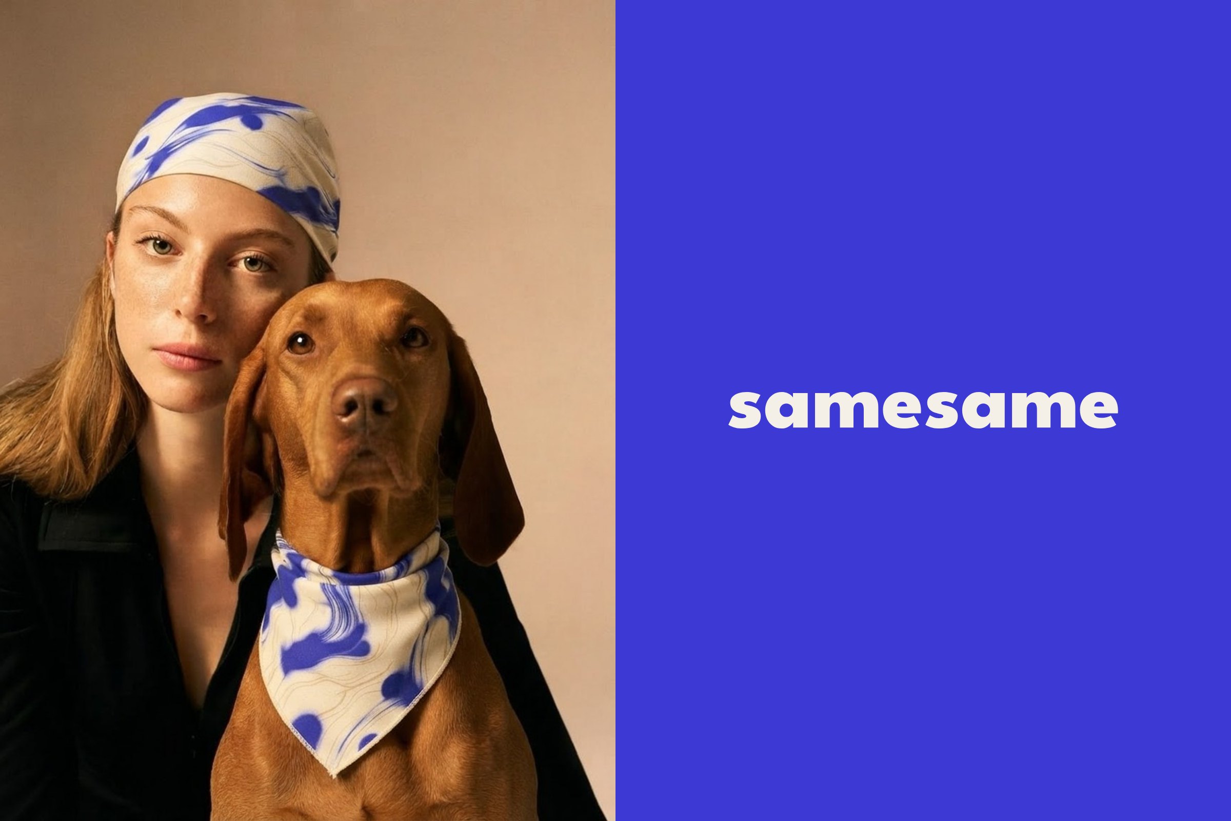 Woman and dog wearing the same blue print, next to the samesame wordmark on cobalt