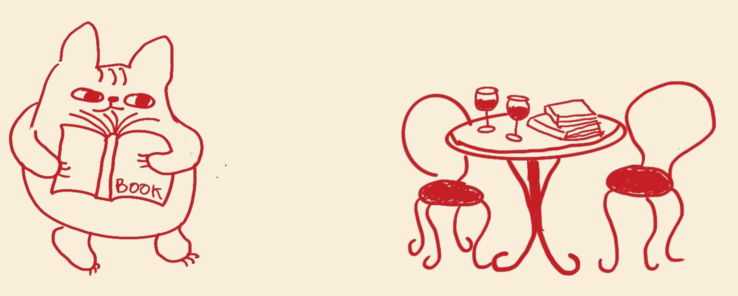 Hand-drawn reading cat and café table illustrations in red line