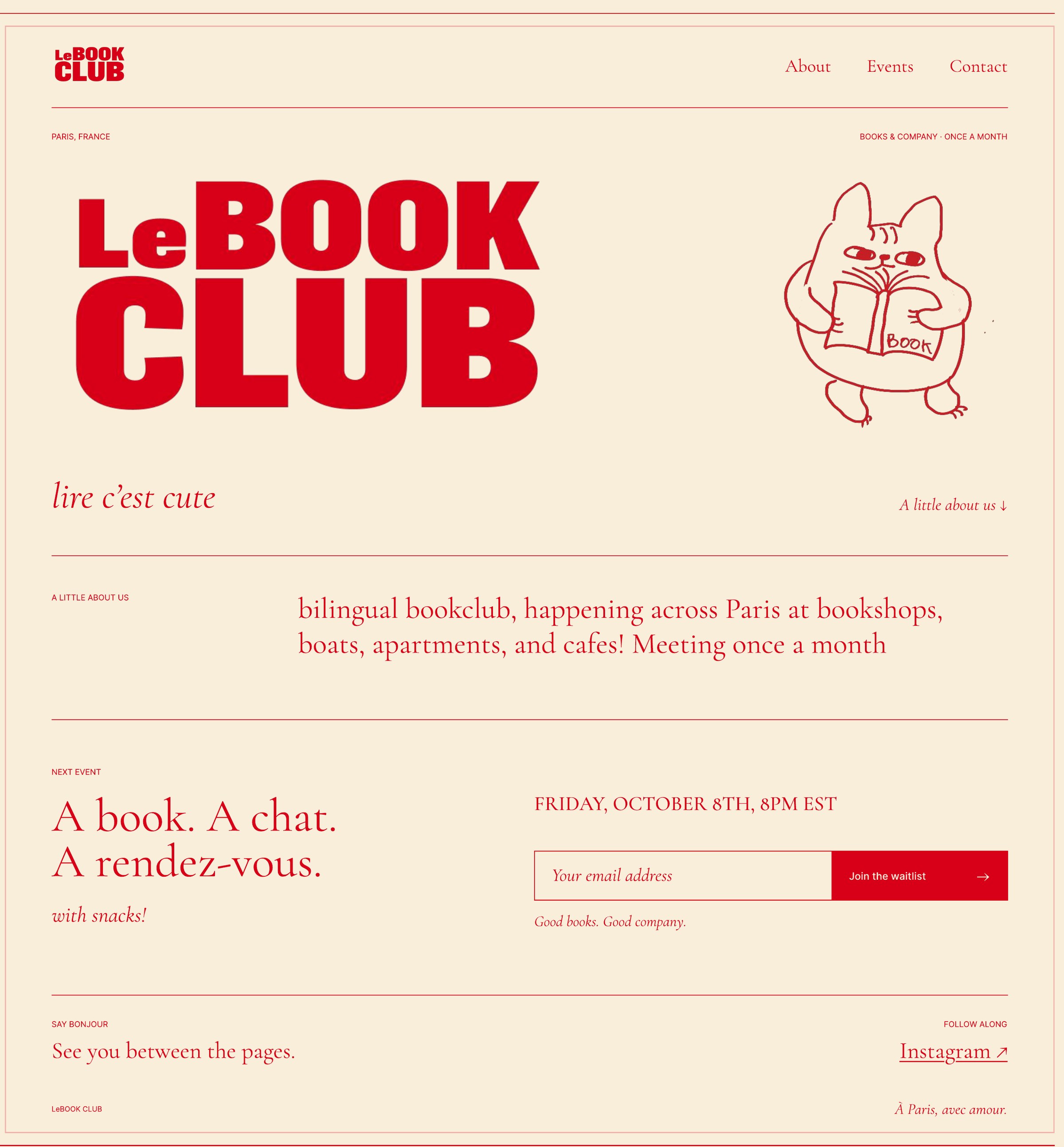 LeBook Club landing page with next event and waitlist signup