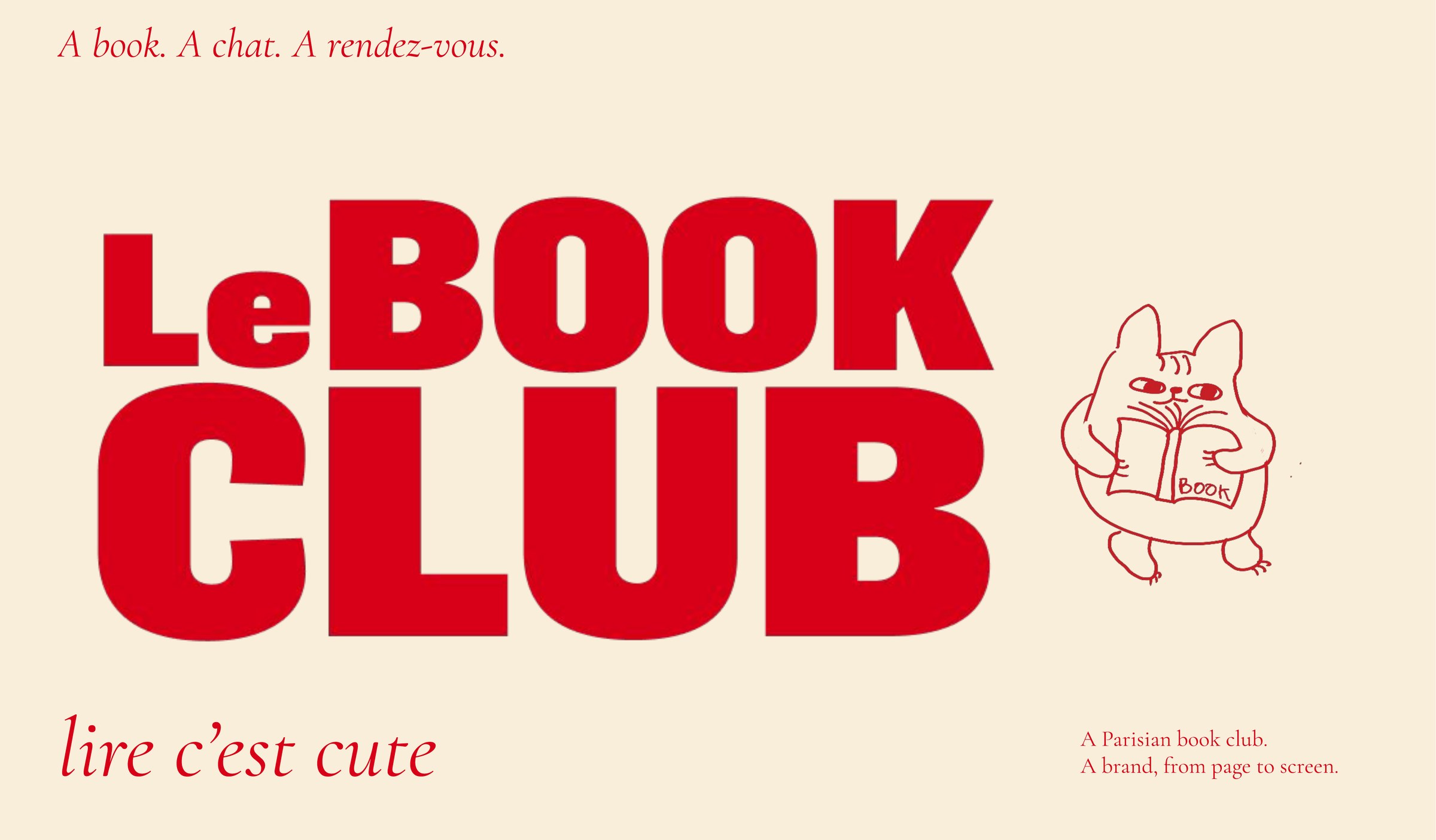 The LeBOOK CLUB wordmark in red on cream with the reading cat illustration